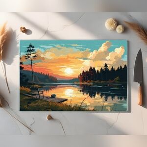 Scenic Fishing  Woods  Sunset Fathers Day Gift Glass Cutting Board Size 11 X  8